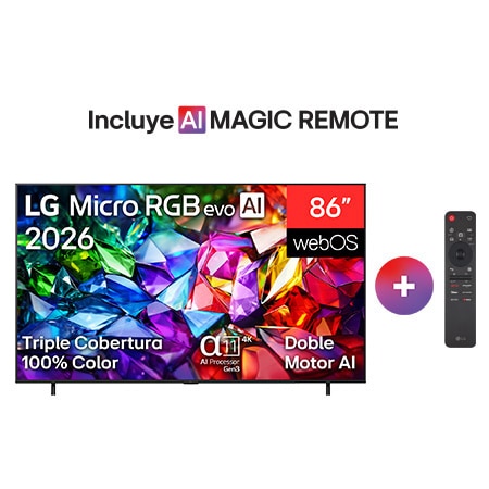 The front view of LG Micro RGB evo AI MRGB95, released in 2026, displays a vivid, crystalline image of sharply defined red, green, and blue facets, featuring 100-inch display, webOS, RGB Primary Color Ultra, and the α11 AI Processor 4K Gen3.